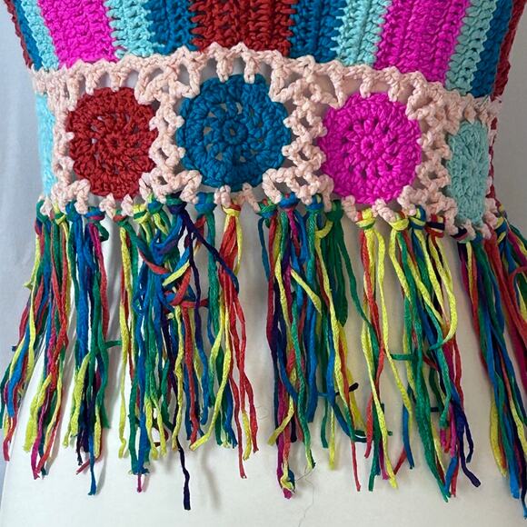 Handmade Crochet Halter Top Fringe Boho Festival Rainbow Knit Crop Top - Picture 2 of 5